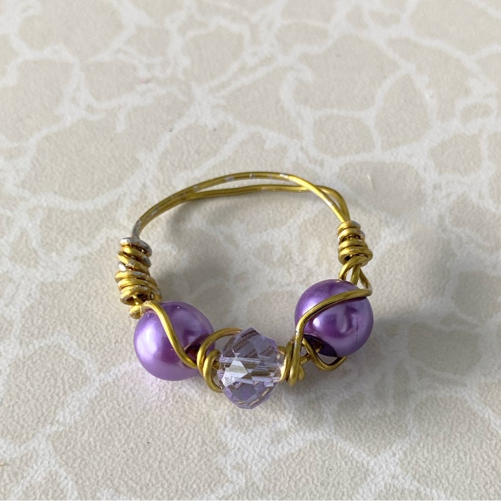Gold Wire Ring with Purple Beads and Purple Crystal Bead - size 11